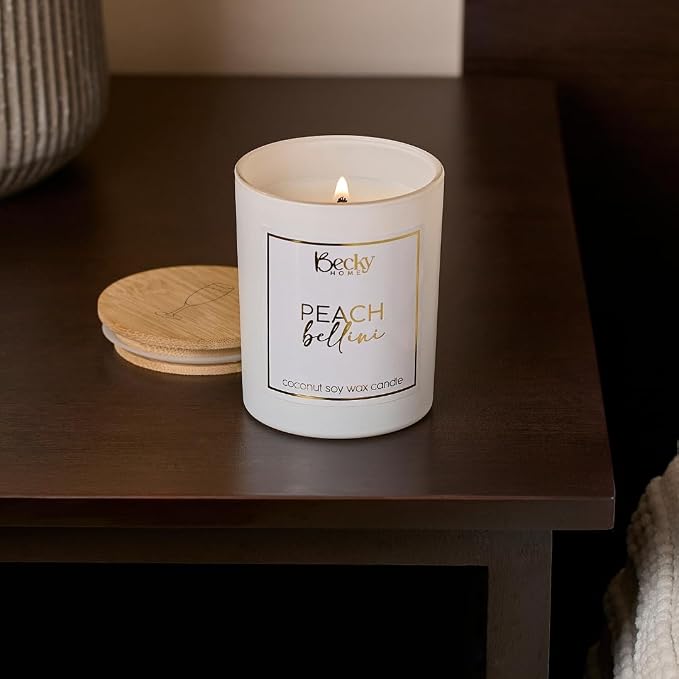 Peach Bellini Candle | Sweet Peach Scented Candle | Natural Coconut Soy Candles | 8 Ounce Modern Luxury Home Decor Novelty Candle | Long Lasting Fragrance with 35 Hour Burn Time