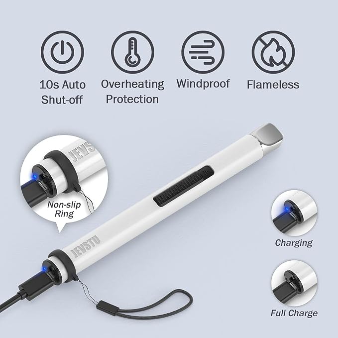 Electric Lighter, Arc Windproof Flameless Plasma Lighter, Long Stick with Rope and Ring, Perfect for Candle BBQ Camping Kitchen Stove, White