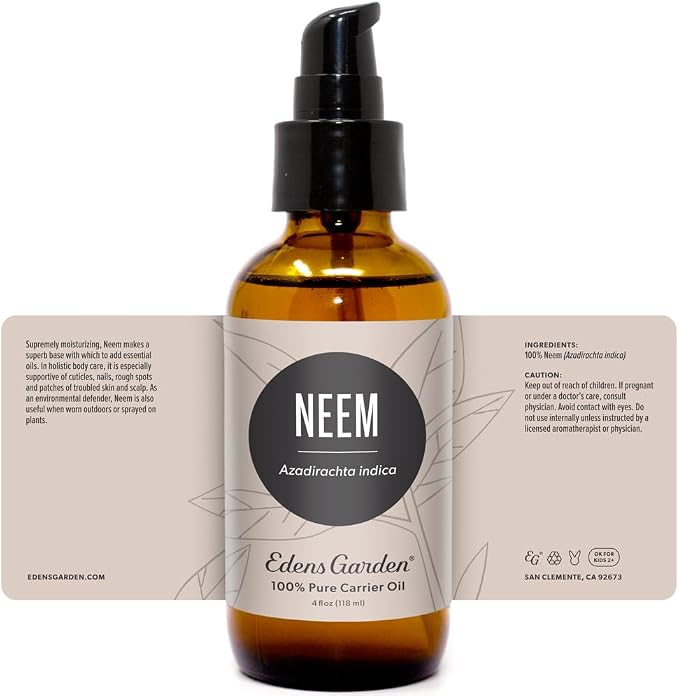 Edens Garden Neem Carrier Oil- 100% Pure Premium Cold Pressed & Hexane Free, Natural Moisturizer For Face, Skin, Healthy Hair, Scalp & Nail Care- For Diluting Essential Oils & Massage 118 ml (4 fl oz)
