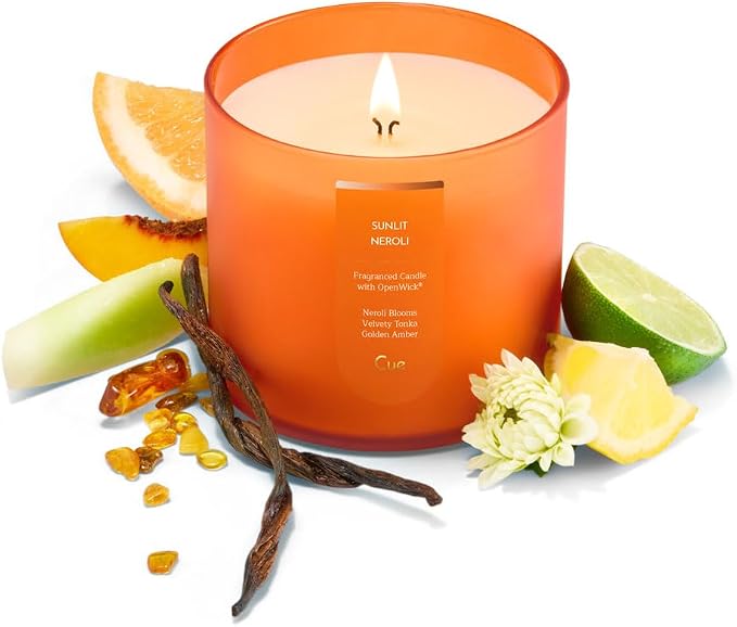 CUE Scented Candle | OpenWick Clean Burning | Soy Coconut Wax Blend | Spring | Summer | Clean Burning | Gift | Extended Burn Time (14oz, Sunlit Neroli)