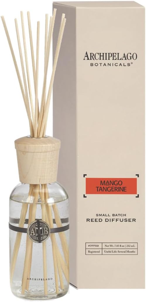 Archipelago Botanicals Mango Tangerine Reed Diffuser, Home Fragrance Reed Diffuser, Includes Fragrance Oil, Decorative Wooden Cap & 10 Diffuser Reeds, Perfect for Home, Office or Gift, 7.85 fl oz