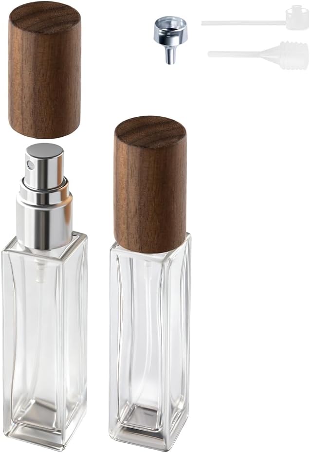 Perfume Atomizer, Glass Perfume Container,Travel Bottle Refillable, Empty Portable Leakproof Fragrance Spray Bottle (Walnut 2pcs 10ml/0.3oz)