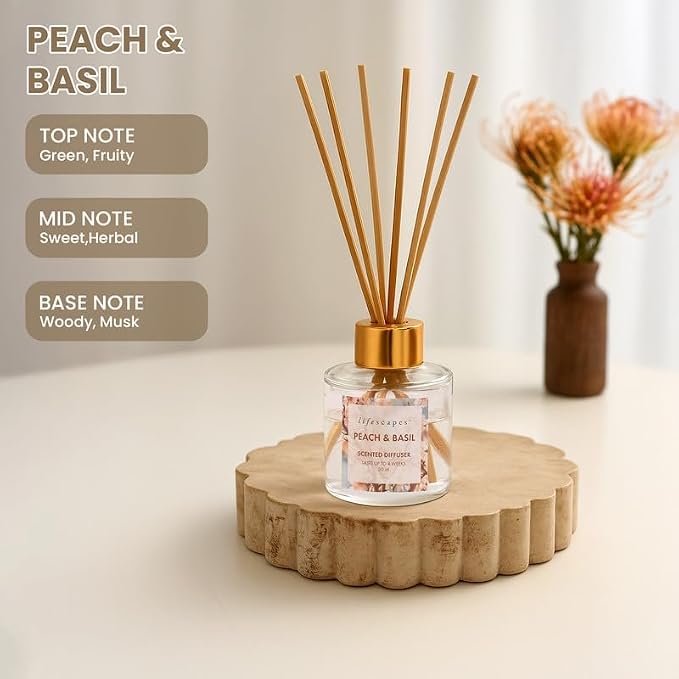 Lifescapes Reed Diffuser - 30ml Peach & Basil | Refreshing Home Fragrance for Relaxation and Dcor