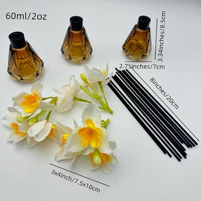 Empty Reed Diffuser Bottle and Black Reed Diffuser Sticks Refill Set for Bathroom Hotel Home Decoration Refillable (3, Brown Conical, 60ml)