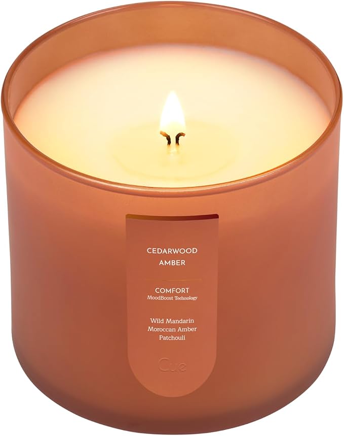 CUE Scented Candle |MoodBoost Essential Oils |OpenWick Clean Burning Candle | Soy Coconut Wax Blend | Candle for Home | Gift |Extended Burn Time (14oz, Cedarwood Amber)