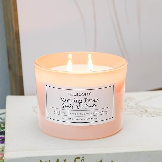 Sparoom Candle Morning Petals Scented 2 Wick Candle, 12 oz Long Lasting Non Toxic Clean Burn, Color Glass with Wooden Lid