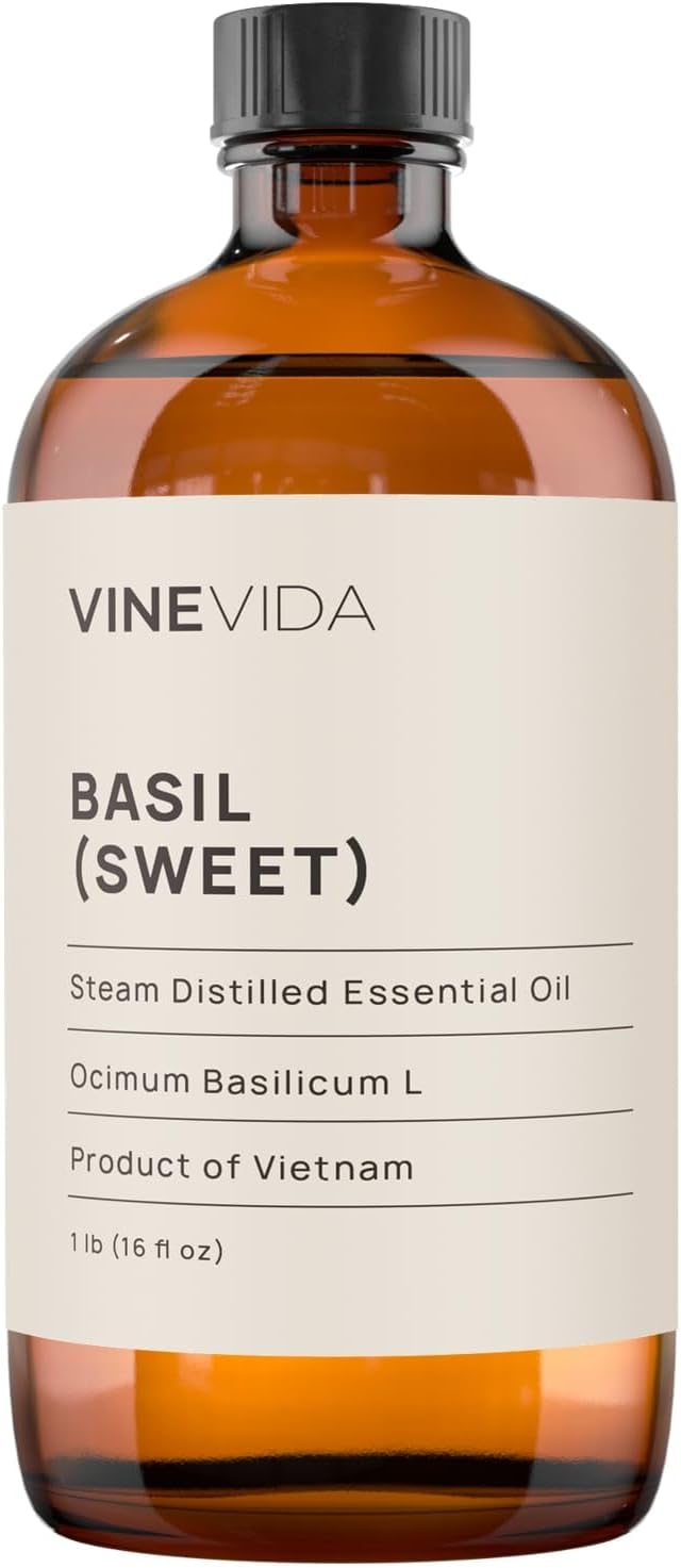 VINEVIDA Sweet Basil Essential Oil - 16 oz - Undiluted - DIY Candle Scents - Bulk for Soap Making & Skin Safe