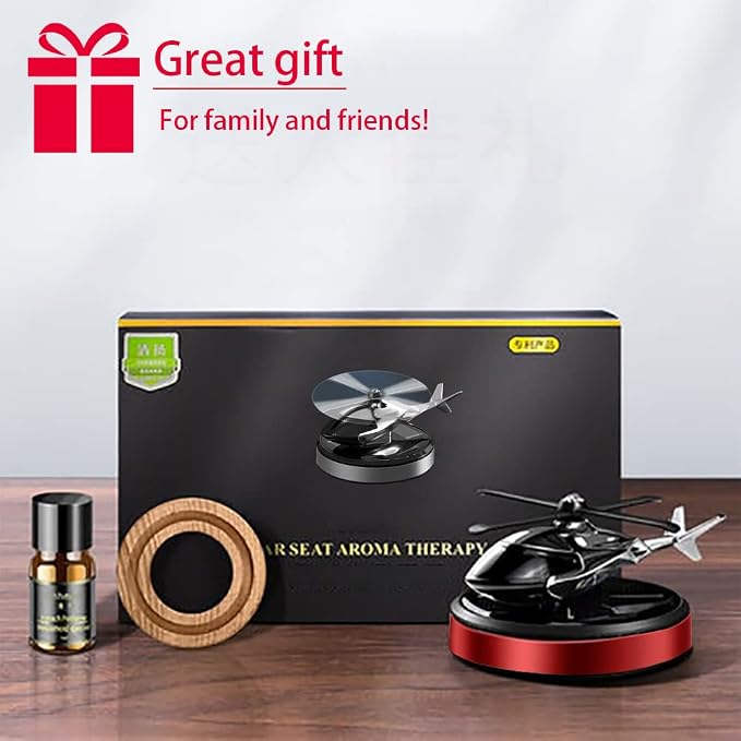 Helicopter Solar Rotating Air Freshener, Al Alloy Car & Home Décor|Red | Helicopter Spins in Sunlight. No Battery or Cable Needed. Freshens Car & Home Naturally. 5ml Essential Oil Included