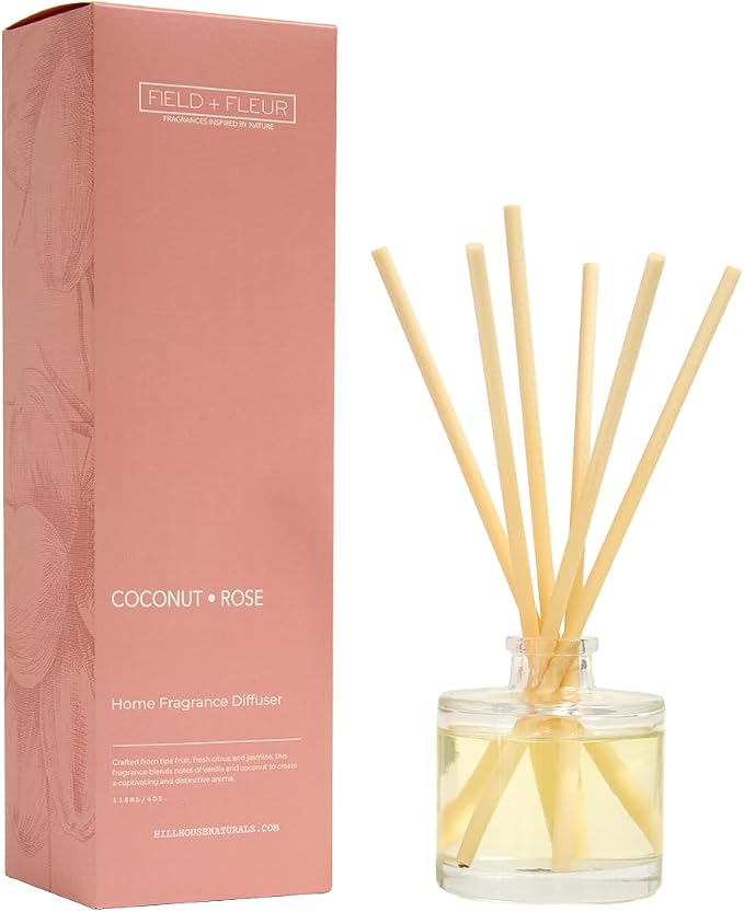 Field + Fleur - Reed Diffuser Set - Home Fragrance Diffuser - Refresh Home, Bedrooms, Bathrooms & More - Notes of Florals, Citrus, Jasmine, Vanilla & Coconut -Made in the USA -Coconut Rose Scent -4 oz