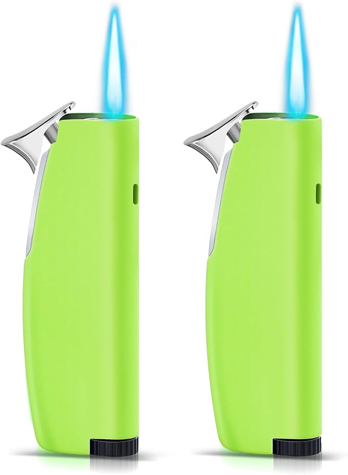 Women's Mini Butane Torch Lighter, Windproof Jet Flame Refillable Adjustable Candle Lighter for BBQ, Camping, Daily Use, Ideal Gift, 2 Pack (Green, Butane Not Included)