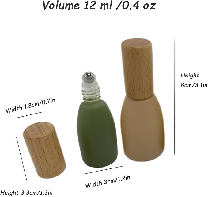 6Pcs 12ml/0.4 oz Glass Roll On Bottle with Bamboo Lid for Essential Oils,Refillable Roller Bottles for Perfume Sample with Stainless Steel Roller Ball,Travel Containers(Green)