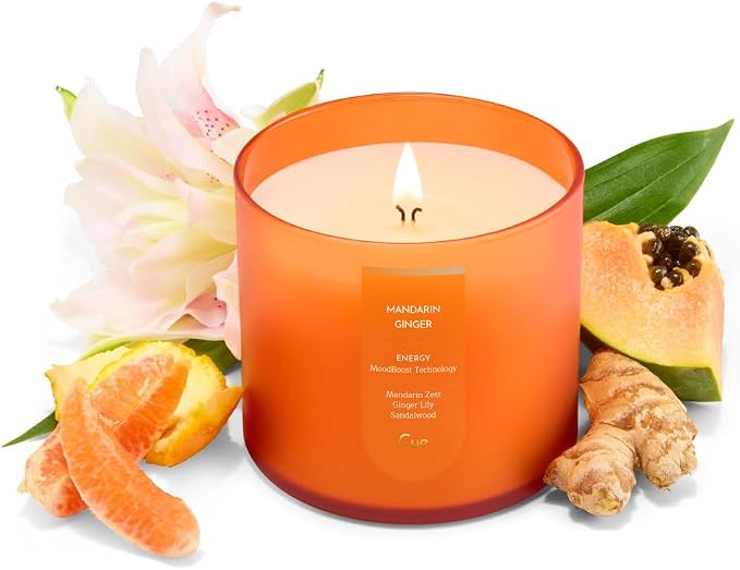 CUE Scented Candle |MoodBoost Essential Oils |OpenWick Clean Burning Candle | Soy Coconut Wax Blend | Candle for Home | Gift |Extended Burn Time (14oz, Mandarin Ginger)
