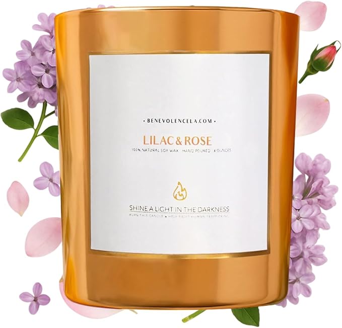 Benevolence LA Premium Lilac & Rose Scented Candle – Long-Lasting, 45-Hour Burn – Luxury Natural Soy Wood Wick Candle for Home – Aromatherapy & Room Decor – 8oz