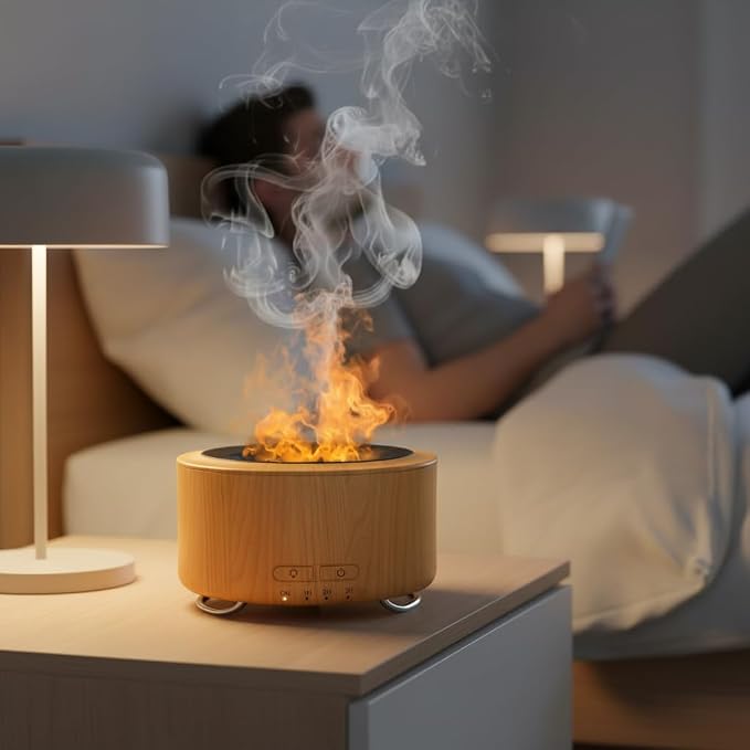Essential Oil Diffuser with Flame,500ml Humidifier Aromatherapy Diffuser with Auto Off for Home&Office&Bedroom,Brown