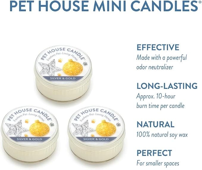 Pet House Mini Candles for Pet Odor Made with Natural Soy Wax, Plant Based, Dog and Cat Friendly Scented, Silver & Gold Pack of 3