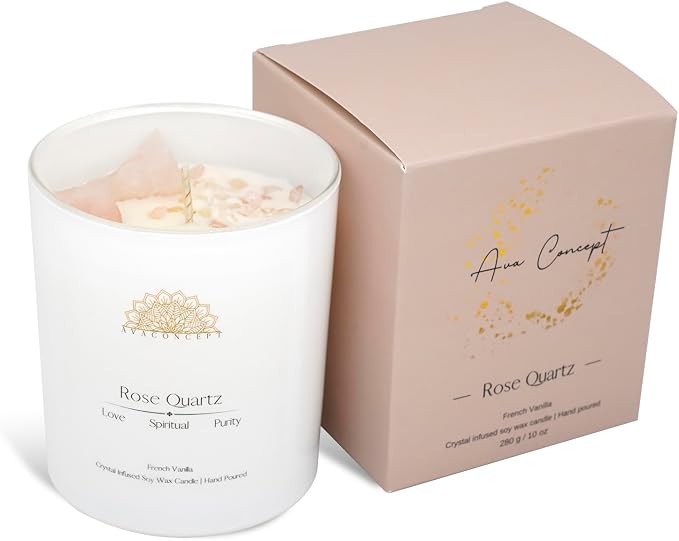 Rose Quartz Crystal Candle – 10oz / 280g | French Vanilla Aromatherapy | Hand-Poured Soy Wax | Genuine Rose Quartz Healing Crystals Embedded | Love, Spiritual & Purity | Gift Box Included