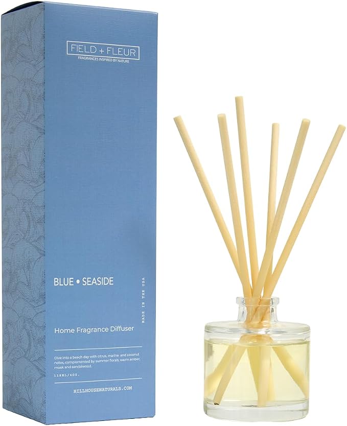 Field + Fleur - Reed Diffuser Set - Home Fragrance Diffuser - Refresh Home, Bedrooms, Bathrooms & More - Notes of Citrus, Oceanic Breeze & Sugary Coconut - Made in the USA - Blue Seaside Scent - 4 oz