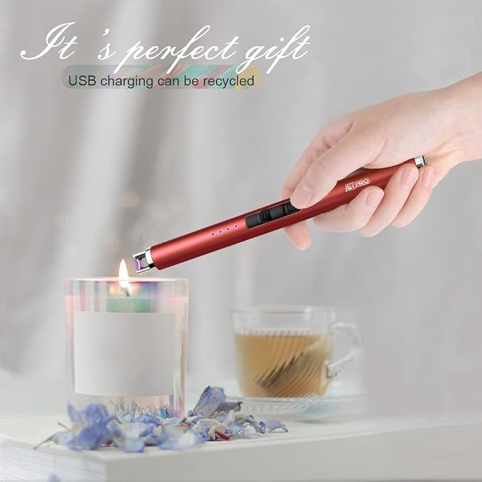 USB Rechargeable Candle Lighter Electronic Arc Lighter Windproof Flameless with Safety Button for Camping Cooking BBQ (Red)