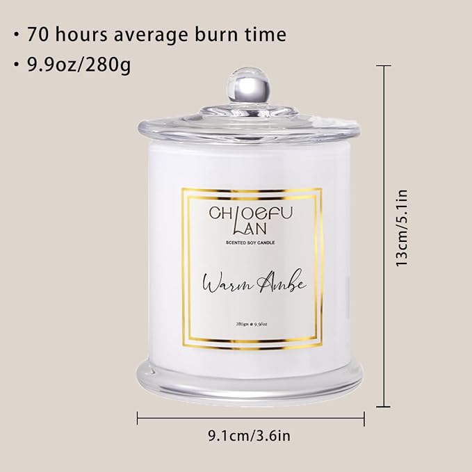 Warm Amber Candle, Scented Candles Gifts for Women & Men, Amber Oil, Cotton Wick, Natural Soy Wax for Clean Burning, Luxury Home Decor, Non-Toxic, Glass Jar Candle, 70 Hour Burn, 10 oz