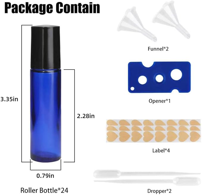 24-Pack 10ml Glass Roll-On Bottles with Stainless Steel Rollers, Refillable Roll-On Applicators for Essential Oils, Castor Oil, Aromatherapy, and Empty Deodorant Containers (Blue)