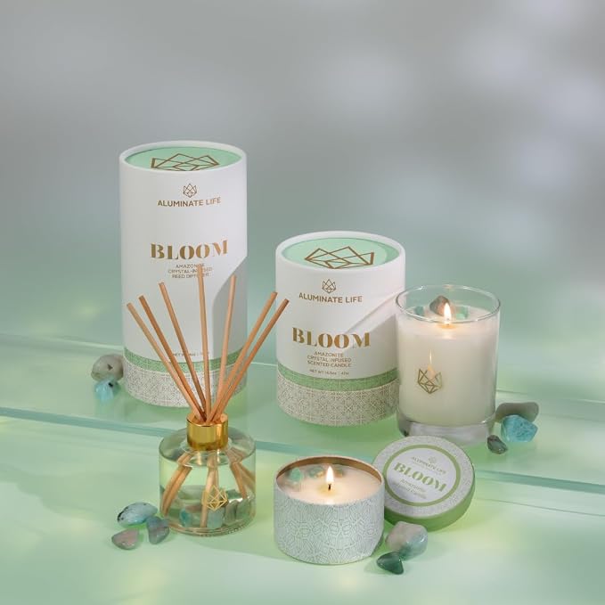 – Bloom Crystal-Infused Scented Candle Tin with Healing Amazonite - Lavender, Neroli & Jasmine, Hand-Poured Premium Coconut Wax, Luxury Gift, 6 oz