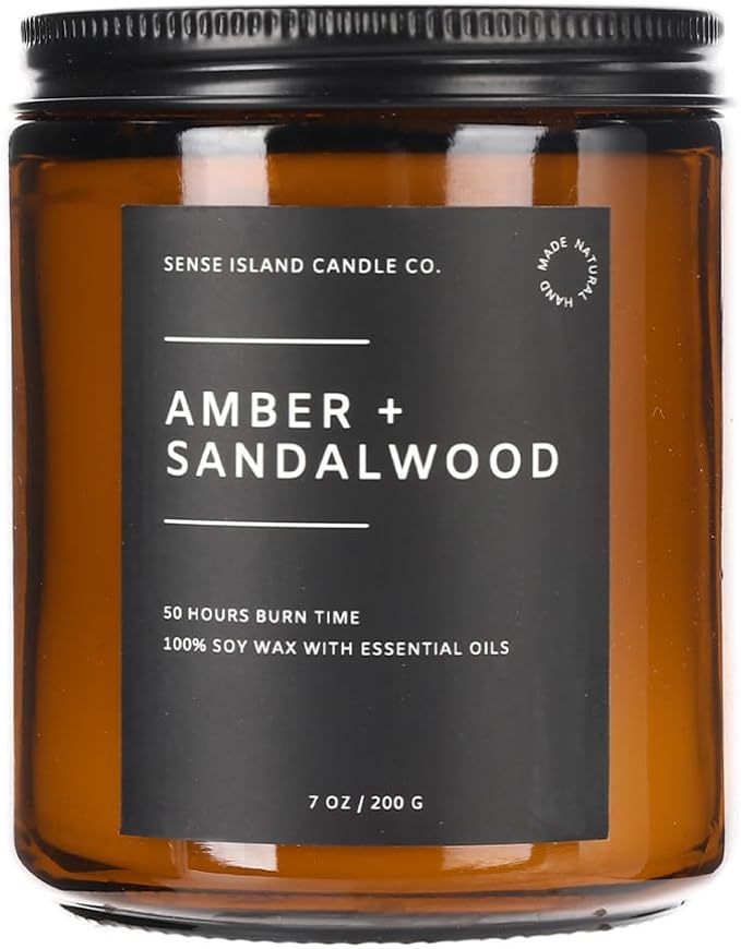 Amber Sandalwood Scented Candles for Men&Women | Natural Soy Candle 7oz, up to 50 Hrs Burn Time Sweet Amber & Authentic Sandalwood Aroma
