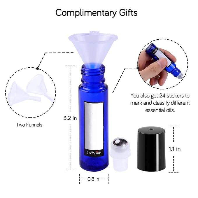 PrettyCare 60 Pack, Bulk 10 ml Essential Oil Roller Bottles with Stainless Steel Roller Ball - Bulk Refillable Leak-proof Empty Thick Blue Glass Roll on Bottles with Black Caps for Travel, Perfume