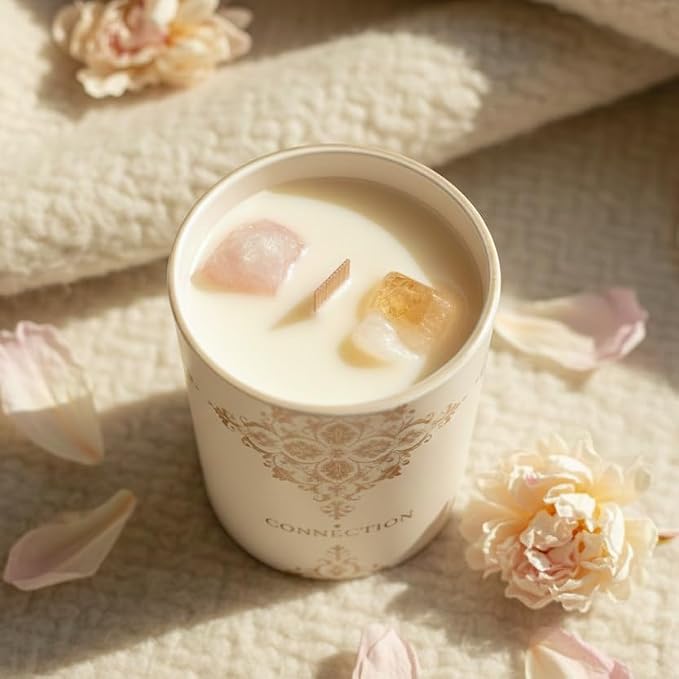 Healing Crystal Candle Gift for Women - Vanilla Cashmere Luxury Soy Candle with Crystals - Rose Quartz & Citrine - Gift-Ready Aromatherapy Candle for Stress Relief, Meditation & Manifestation