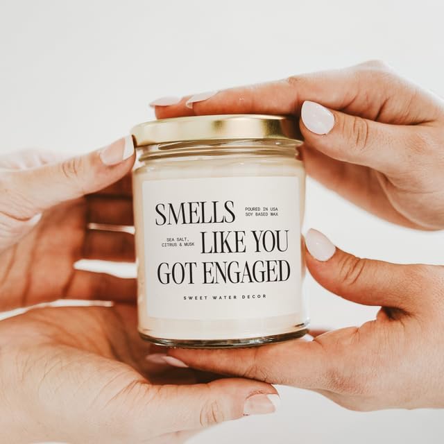 Sweet Water Decor Smells Like You Got Engaged Candle, Engagement Gift for Bride-to-Be Bridal Shower, 9oz Soy Candle with Gold Lid, Non-Toxic, Sea Salt Citrus Musk Amber Scent, Engagement Decorations