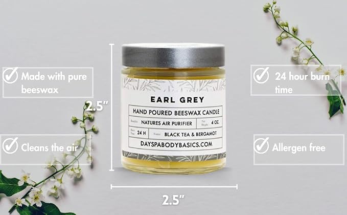 Earl Grey Hand-Poured Beeswax Candle - Natural, Cotton Braided Wick, Smokeless, Cleans Air, Non-Toxic, Non-Polluting, Non-Allergenic, Handmade in USA