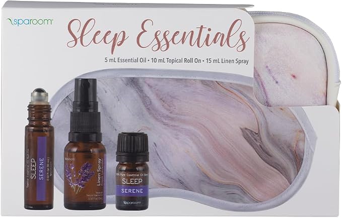SpaRoom Serene Essential Oil Travel Kit with Eye Mask and Bag; Linen Spray, Essential Oil and Topical Roll-on, Pink Marble