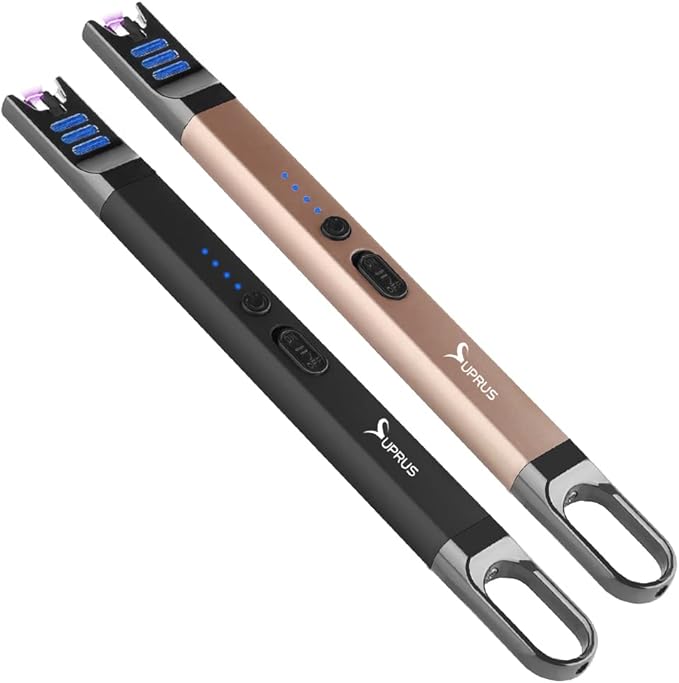 SUPRUS Candle Lighter Electric Arc Lighter Windproof Flameless USB Rechargeable Lighter with LED Light for Candle Camping BBQ Cooking (Black+Champagne Gold)