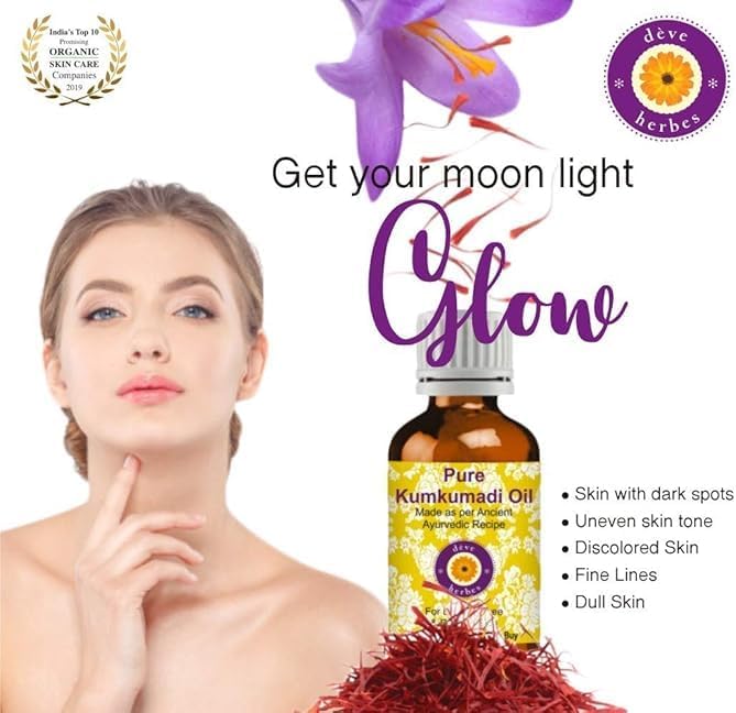 Deve Herbes Kumkumadi Face Oil with Glass Dropper | Traditionally Extracted | Pure | Saffron-Enriched | Non-Sticky | Lightweight | Ancient Ayurvedic Blend | For All Skin Types | Men & Women | 30ml