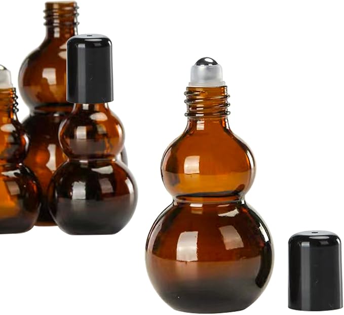 Essential Oil Roller Bottles, Amber Gourd Shaped Glass Roller Bottles with Stainless Steel Roller Ball, for Travel,Perfume (Amber-Black Cap, 100ML)