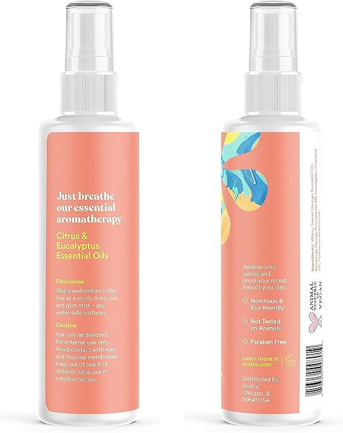 ASUTRA Multi-Use Essential Oil Aromatherapy Spray (Citrus & Eucalyptus), 4 fl oz – Mist for Face, Body, Rooms & Linens – Car, Fabric, and Bathroom Freshener