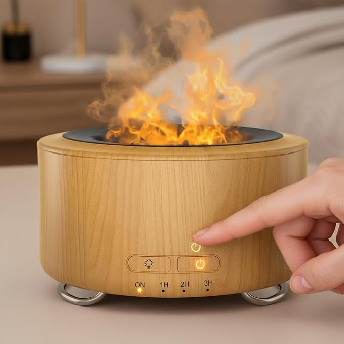 Essential Oil Diffuser with Flame,500ml Humidifier Aromatherapy Diffuser with Auto Off for Home&Office&Bedroom,Brown