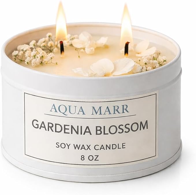 Gardenia Tuberose Blossom Soy Candle – 8 oz Floral Scented Candle, Hand-Poured Clean Burning Candle for Home, Spa & Relaxation – Aqua MARR
