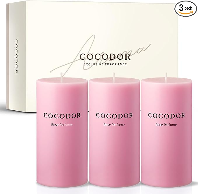 COCODOR Scented Pillar Candles, 3x6 Inch, Rose Perfume, Candle Set of 3, Long Buring 85 Hours, Candles for Weddings, Party, Dinner, Home Decor.
