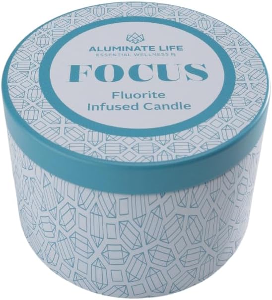 Luxury Candle Tin, 6 OZ, Focus - Fluorite Crystal Infused - Scents of Orange, Ginger, Ylang-ylang, & Lavender - Awareness, Mental Order, & Clarity - Coconut Wax Blend