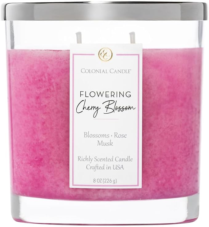 Colonial Candle Flowering Cherry Blossom Scented Candle Jar, Highly Fragranced Candles for Home Scented, Mottled Wax Candle, 2 Wick, 8 oz - Made in the USA