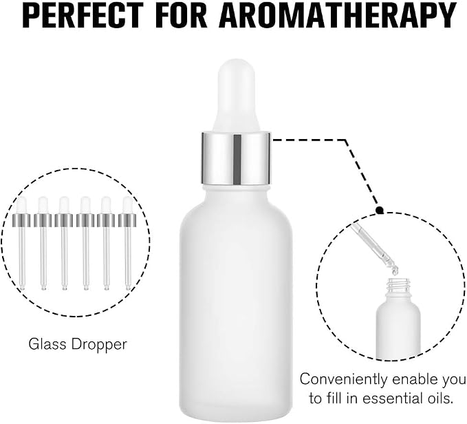 PrettyCare Glass Dropper Bottles Set of 99, 1oz (30ml) Frosted Empty Thick Bottles Bulk with Leakproof Silver Caps - With Labels & Funnels for for Storage, Travel,Essential Oils, DIY Serums