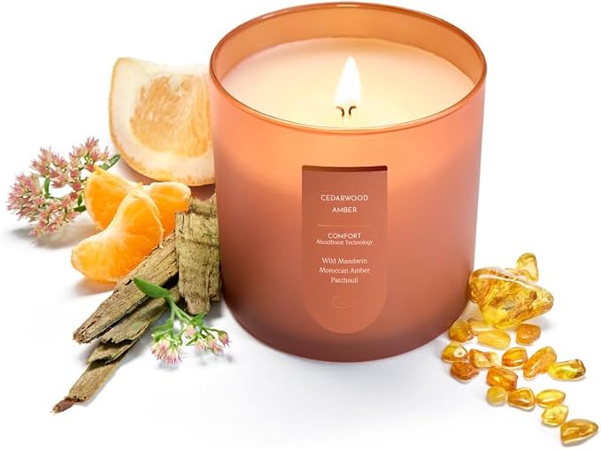 CUE Scented Candle |MoodBoost Essential Oils |OpenWick Clean Burning Candle | Soy Coconut Wax Blend | Candle for Home | Gift |Extended Burn Time (8.5oz, Cedarwood Amber)