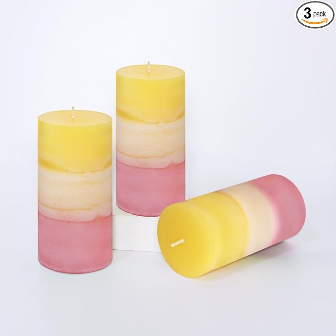 Sweet Honeysuckle Scented 3x6 Inch Pillar Candles Yellow White Pink Layered Aesthetic Decorative Home fragrances Candle for Spring Living Room Bathroom Party Decor, Set of 3