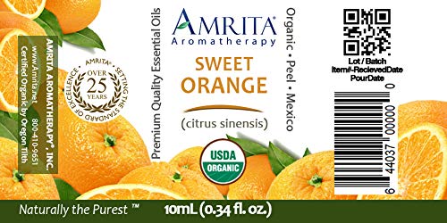 Amrita Aromatherapy Organic Orange Sweet Essential Oil, 100% Pure Undiluted Citrus sinensis, Therapeutic Grade, Premium Quality Aromatherapy Oil, Tested & Verified, 10ML