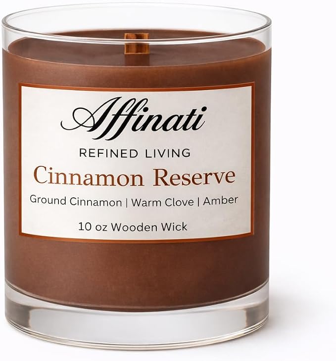 Affinati Cinnamon Reserve Scented Candle, 10 oz Wooden Wick Tumbler Jar – Highly Fragrant Rich Holiday Spice Aromatherapy, Kitchen Soy Gift