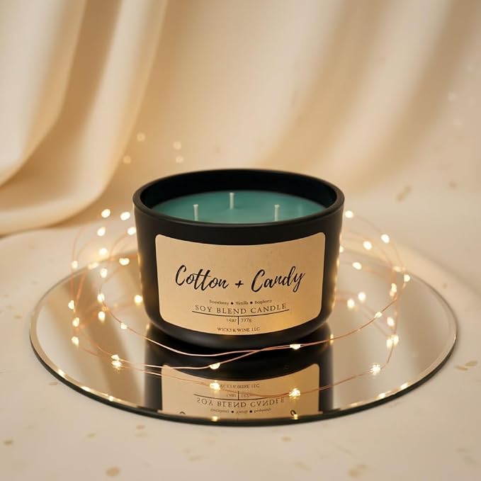 Wicks & Wine Soy Blend 3-Wick Cotton CORE Candle 14oz (Cotton Candy)