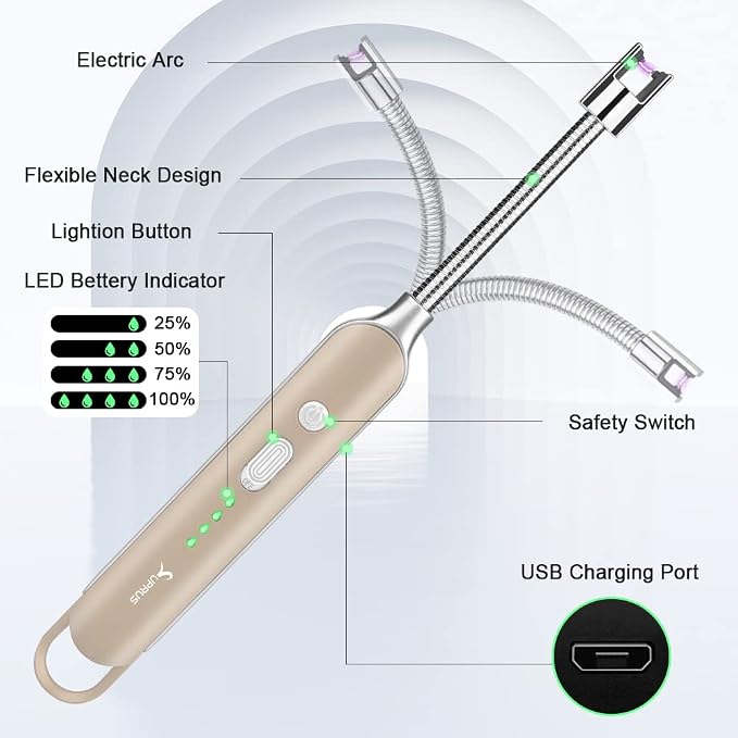 SUPRUS Electric Rechargeable Arc Lighter with LED Battery Display Long Flexible Neck USB Lighter for Candle Cooking (Champagne)