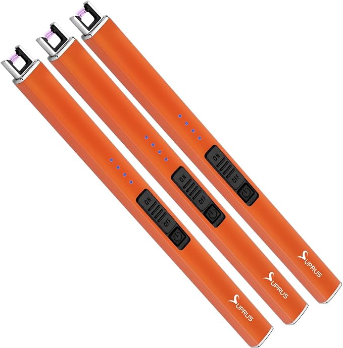 SUPRUS Fluorescent Glows in The Dark Electric Candle Lighter Rechargeable USB Arc lighters with Safety Lock Windproof Flameless Plasma for Candle BBQ Camping (Orange, 3)