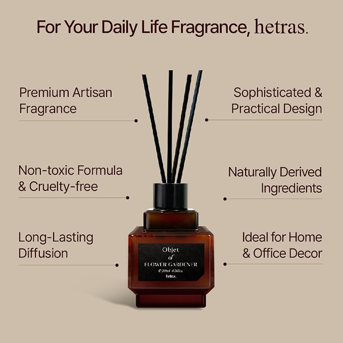 hetras Objet Diffuser Set (Flower Gardener Scent)–Decorative Aesthetic Home Fragrance | 2-Pack (6.7 fl.oz Each) with 8 Reed Sticks | Fresh Green Floral & Dewy Garden Aroma | Minimalist Decor & Gift
