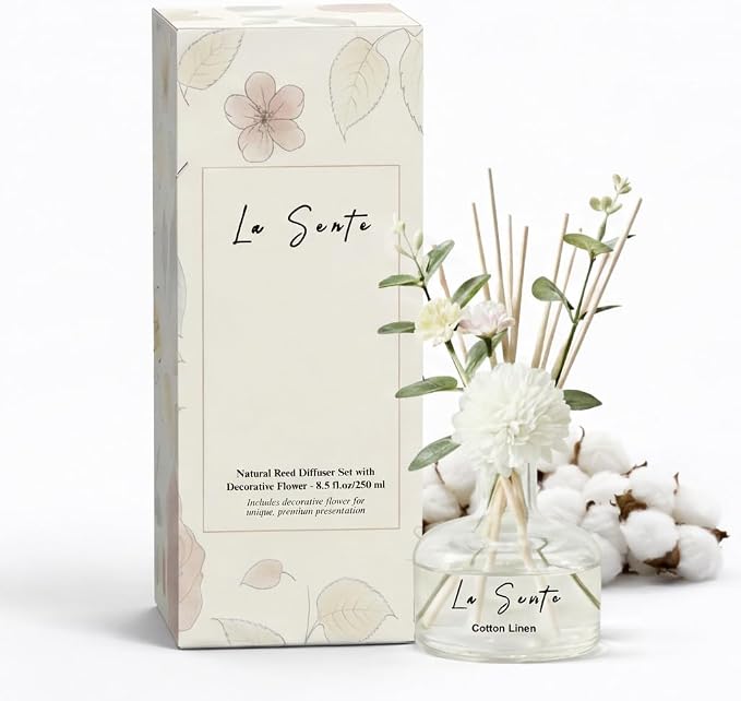 Reed Diffuser Set, Cotton Linen Scent, 8.5oz Glass Bottle with Decorative Flower & Natural Sticks - Flameless Home Fragrance for Bathroom, Bedroom, Office, Gifts
